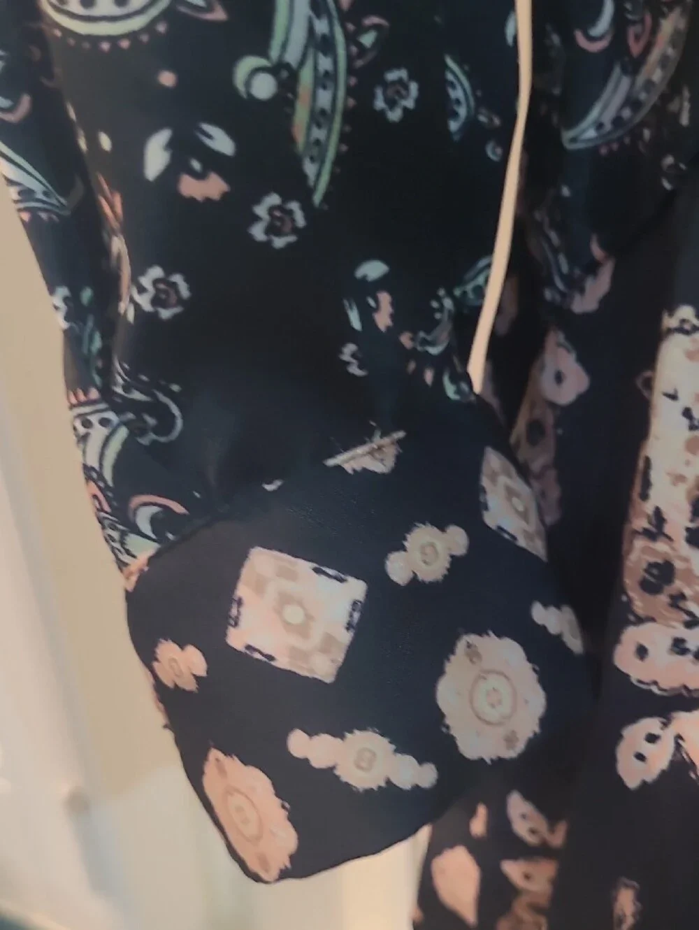 Free People Black Long-Sleeve Paisley & Floral V-Neck Dress with Blush Accents